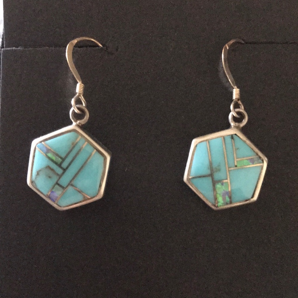 Sterling Turquoise Simulated Opal Dangle Earrings - image 1